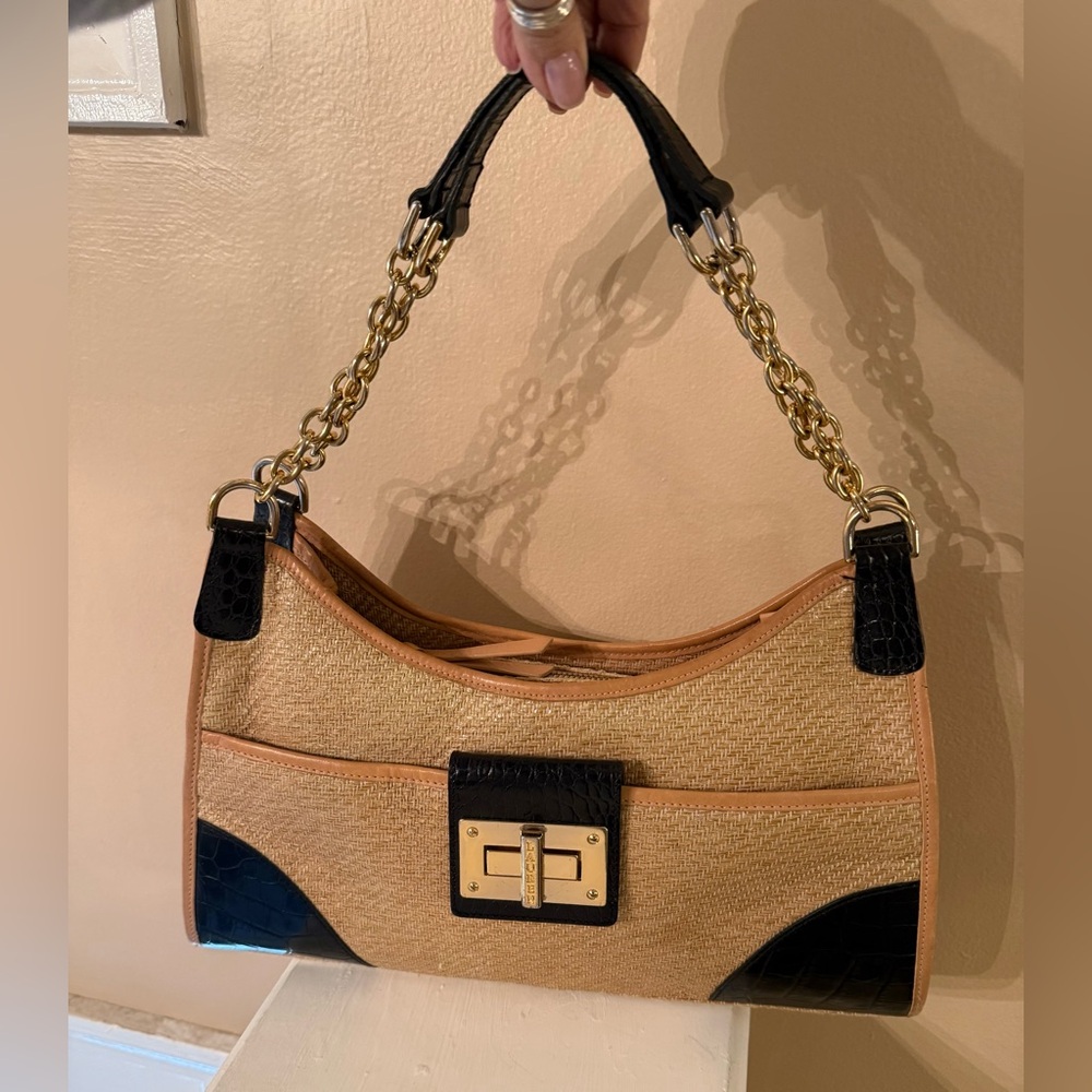 Lauren Ralph Lauren Straw and Croc-Embossed Vintage Leather Handbag EUC
